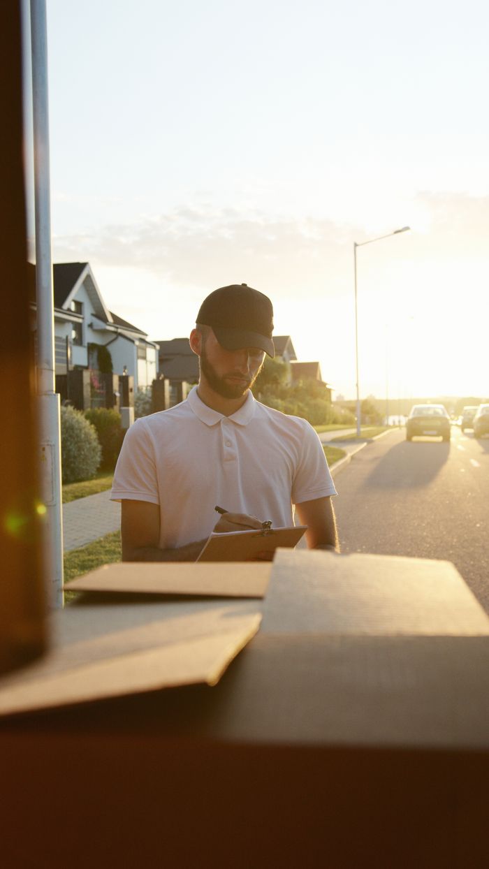 Services A courier in a cap signing papers for a delivery in a suburban neighborhood during sunset.